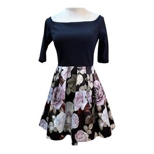 Betsy & Adam Women Navy Blue Floral Fit and Flare Cocktail Dress Pockets Size 4